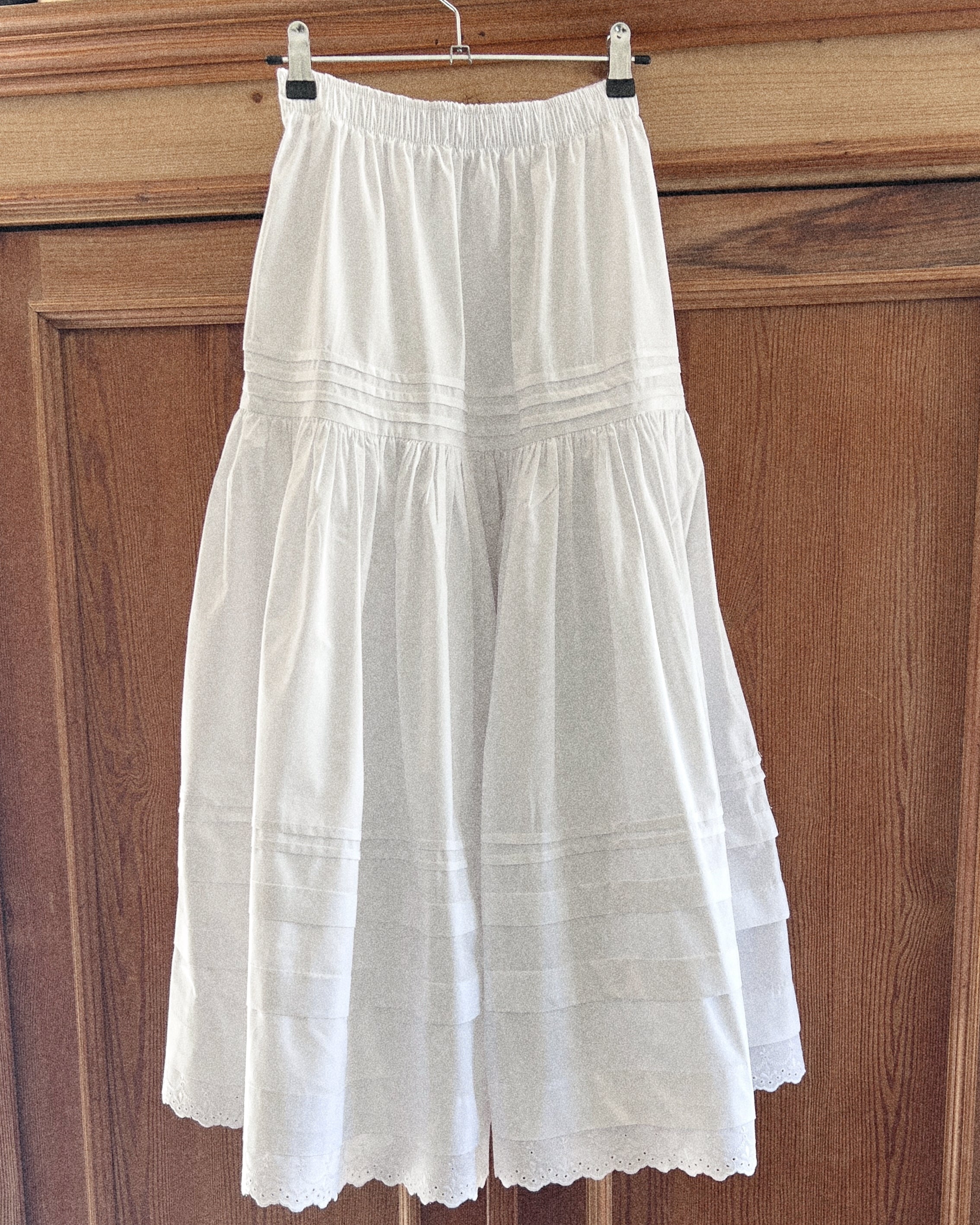 Elle boheme white pure cotton poplin long skirt with vintage inspired pleated and delicate pure cotton lace and elasticated waist.